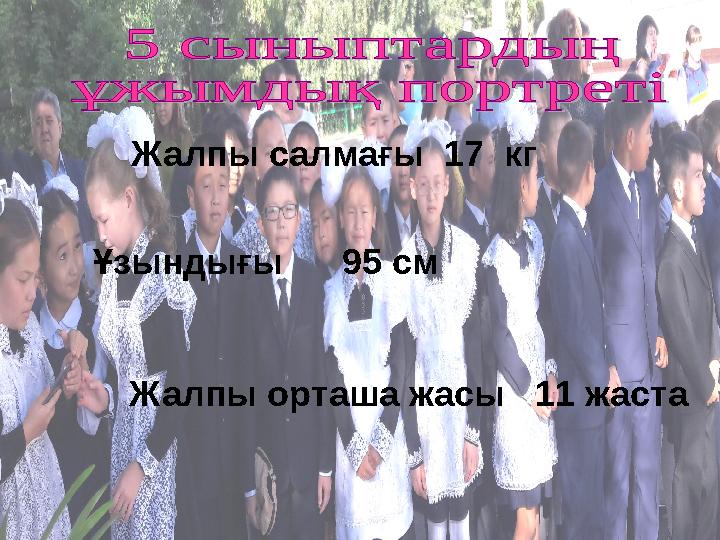 Жалпы салмағы 17 кг Ұзындығы 95 см Жалпы орташа жасы 11 жаста