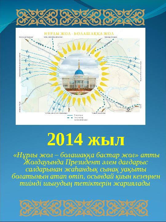 2014 жыл «Нұрлы жол – болашаққа бастар жол» атты Жолдауында Президент әлем дағдарыс салдарынан жаһандық сынақ уақыты болаты