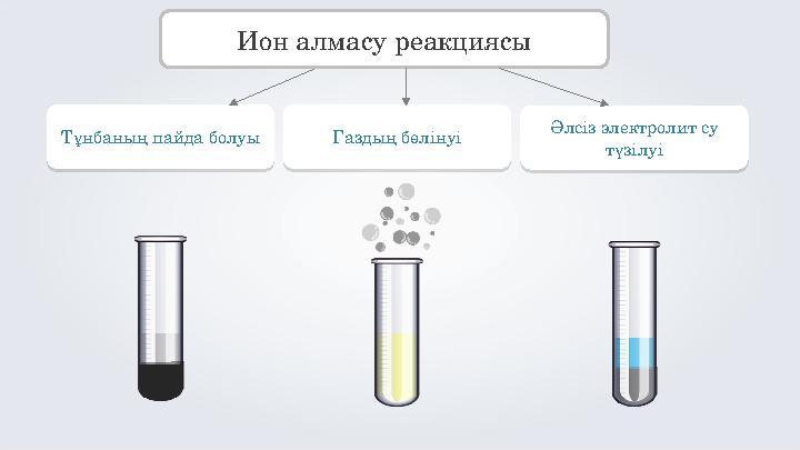 Тұнбаның пайда болуы Тұнбаның пайда болуы Ион алмасу реакциясыГаздың бөлінуі Газдың бөлінуіӘлсіз электролит су түзілуі Әлсіз