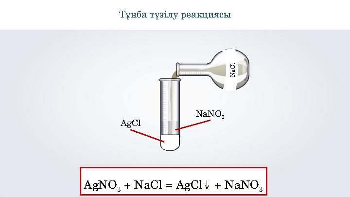 \Тұнба түзілу реакциясы N a C l AgNO 3 + NaCl = AgCl↓ + NaNO 3 AgCl NaNO 3