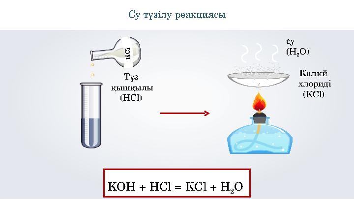\Су түзілу реакциясы Тұз қышқылы (HCl) Н C l Калий хлориді (KCl) KOH + HCl = KCl + H 2 O су (H 2 O)