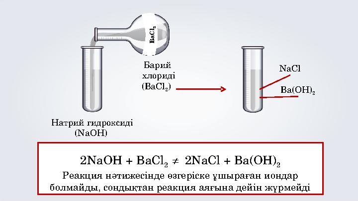 B a C l 2 Натрий гидроксиді (NaOH) Барий хлориді (BaCl 2 ) NaCl Ba(OH) 2 2NaOH + BaCl 2 ≠ 2NaCl + Ba(OH) 2 Реакция нәт