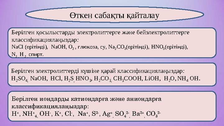 Берілген қосылыстарды электролиттерге және бейэлектролиттерге классификациялаңыздар: NaCl (ерітінді), NaOH, O 2 , глюкоза, су