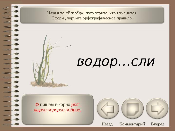 О пишем в корне рос: вырос,перерос,подрос. Назад Комментарий ВперёдНажмите «Вперёд», посмотрите, что изменится. Сформулируйте