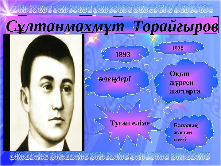 Сұлтанмахмұт Торайғыров Туған еліме 1920 Оқып жүрген жастарға Балалық жасым өтесі өлеңдері 1893 Үстеу (7) Одағай (3) Шылау