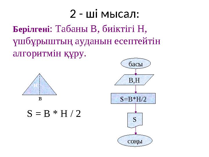 2 - ші мысал : Берілгені : Табаны В, биіктігі Н, үшбұрыштың ауданын есептейтін алгоритмін құру. н в басы В,Н S=B*H/2 соңы SS