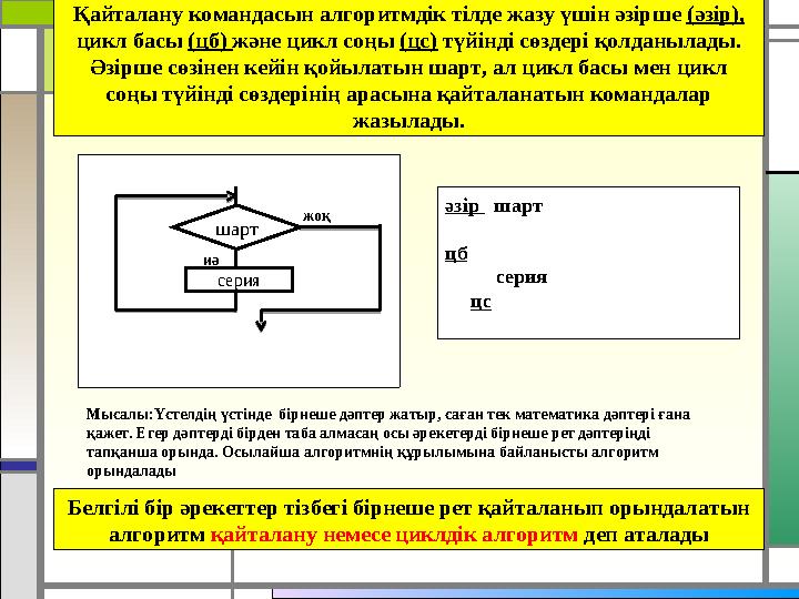 Белгілі бір әрекеттер тізбегі бірнеше рет қайталанып орындалатын алгоритм қайталану немесе циклдік алгоритм деп аталадыәзір