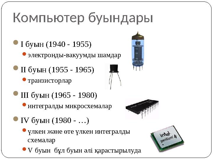 Компьютер буындары  I буын ( 1940 - 1955)  электронды-вакуумды шамдар  II буын ( 19 5 5 - 19 6 5)  транзисторлар  III