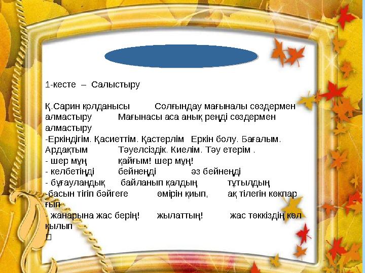 1-кесте – Салыстыру Қ.Сарин қолданысы Солғындау мағыналы сөздермен алмастыру Мағынасы аса анық реңді сөздермен алмастыру -