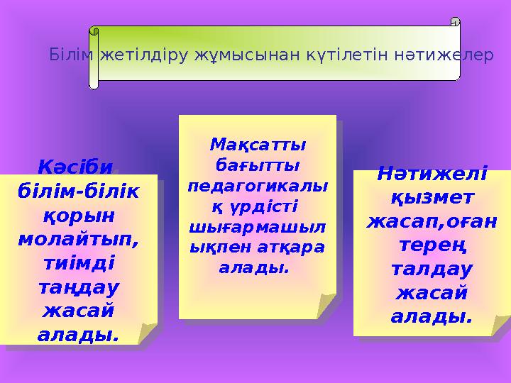 Кәсіби білім-білік қорын молайтып, тиімді таңдау жасай алады. Мақсатты бағытты педагогикалы қ үрдісті шығармашыл ықп