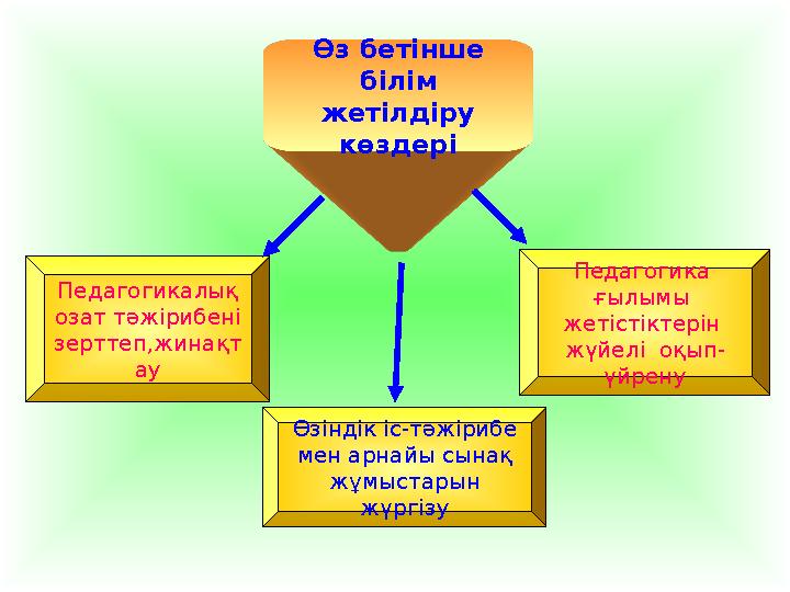 Өз бетінше білім жетілдіру көздері Педагогика ғылымы жетістіктерін жүйелі оқып- үйрену Өзіндік іс-тәжірибе мен арнайы