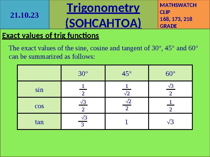 Trigonometry (SOHCAHTOA) MATHSWATCH CLIP 168, 173, 218 GRADE 5, 8/9 Exact values of trig functions 21.10.23 The exact values o