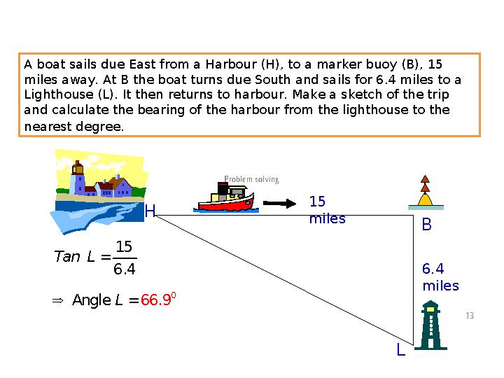 13 Problem solving A boat sails due East from a Harbour (H), to a marker buoy (B), 15 miles away. At B the boat turns due South