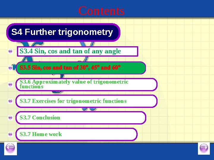 A A A A A A S3.4 Sin, cos and tan of any angle S4 Further trigonometry Contents S3.7 Exercises for trigonometric functions S3.7