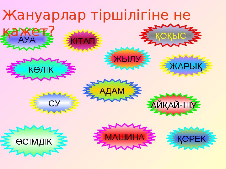 АЙҚАЙ-ШУ АДАМ ҚОРЕКМАШИНА СУ АУА КӨЛІК ӨСІМДІК КІТАП ЖАРЫҚ ЖЫЛУ ҚОҚЫС Жануарлар тіршілігіне не қажет?