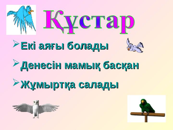 Екі аяғы боладыЕкі аяғы болады Денесін мамық басқанДенесін мамық басқан Жұмыртқа саладыЖұмыртқа салады