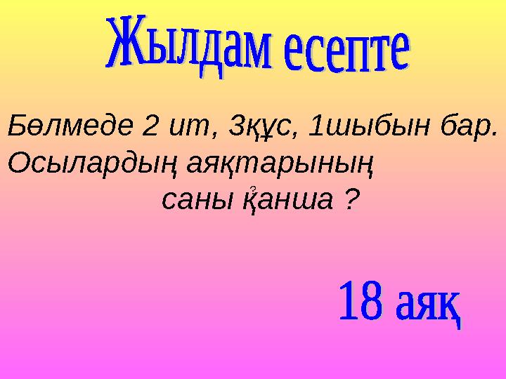 Бөлмеде 2 ит, 3құс, 1шыбын бар. Осылардың аяқтарының саны қанша ??