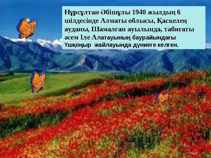 Нұрсұлтан Әбішұлы 1940 жылдың 6 шілдесінде Алматы облысы, Қаскелең ауданы, Шамалған ауылында, табиғаты әсем Іле А латауының б