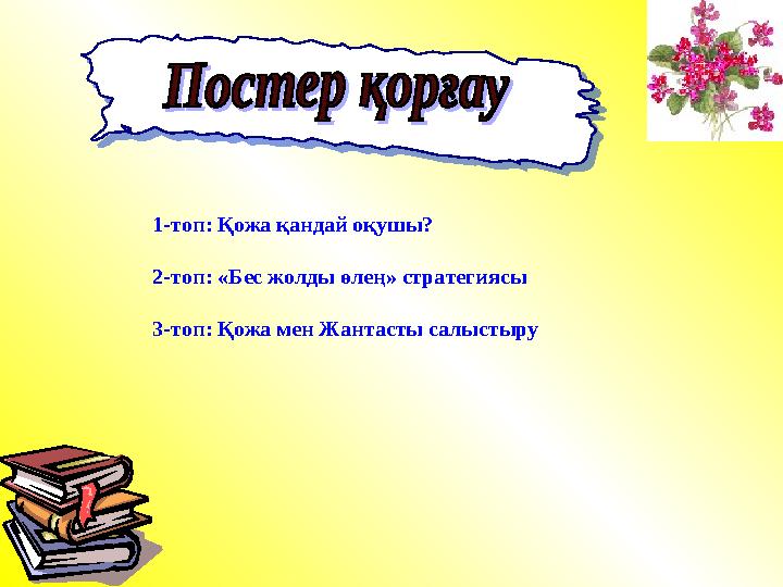 1-топ: Қожа қандай оқушы? 2-топ: «Бес жолды өлең» стратегиясы 3-топ: Қожа мен Жантасты салыстыру
