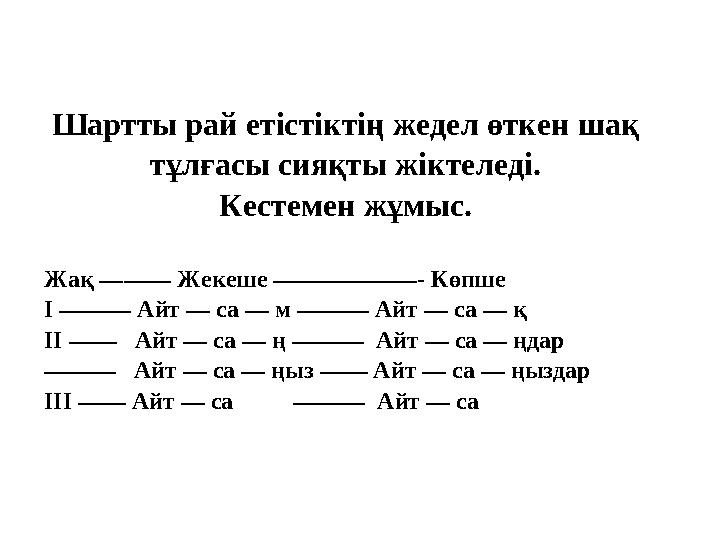 Шартты рай етістіктің жедел өткен шақ тұлғасы сияқты жіктеледі. Кестемен жұмыс. Жақ ——— Жекеше ——————- Көпше І ——— Айт — са — м