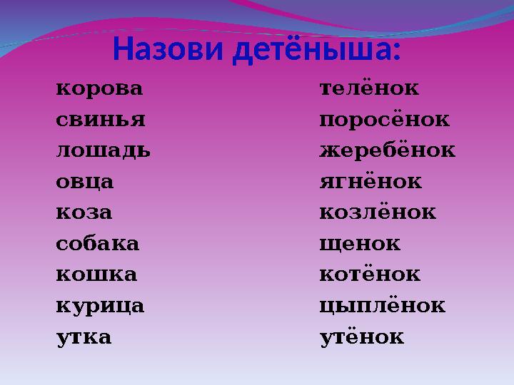 Назови детёныша: корова свинья лошадь овца коза собака кошка курица утка телёнок поросёнок жеребёнок ягнёнок козлёнок щенок котё