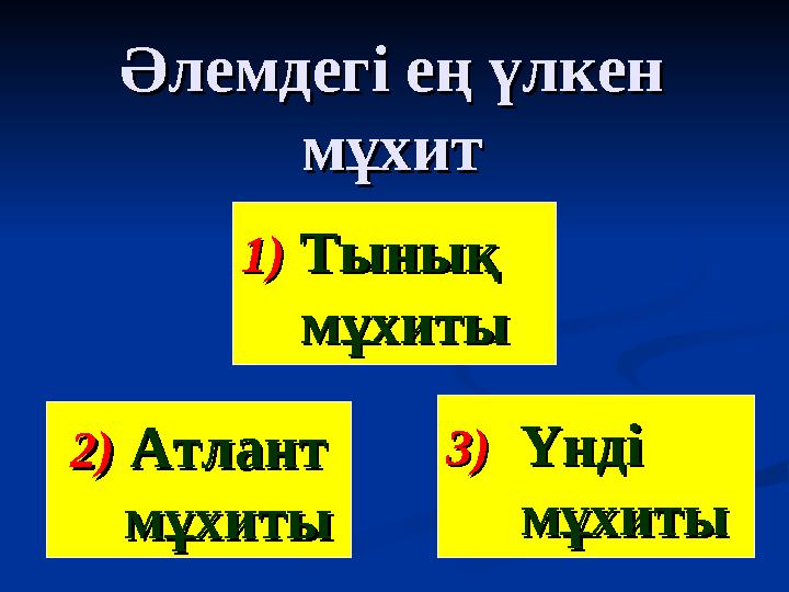 Әлемдегі ең үлкен Әлемдегі ең үлкен мұхитмұхит 3)3) Үнді Үнді мұхитымұхиты2)2) АтлантАтлант мұхиты