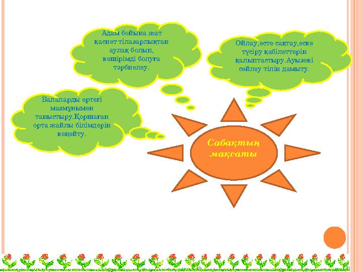 Ойлау,есте сақтау,еске түсіру қабілеттерін қалыптастыру.Ауызекі сөйлеу тілін дамыту. Адам бойына жат қасиет тілазарлықтан
