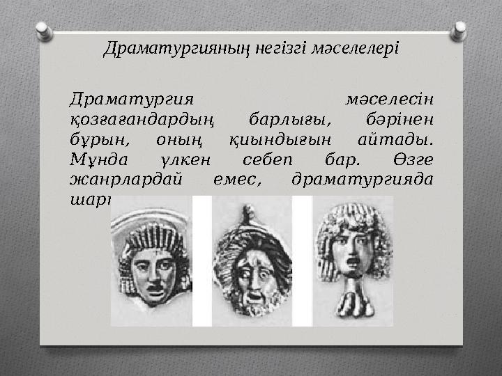 Драматургияның негізгі мәселелері Драматургия мәселесін қозғағандардың барлығы, бәрінен бұрын, оның қиындығын айтады. Мұнд