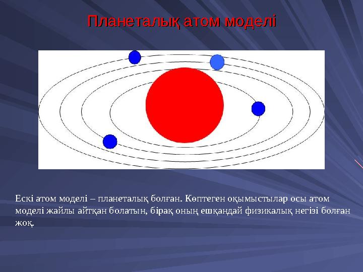 Планеталық атом моделіПланеталық атом моделі Ескі атом моделі – планеталық болған. Көптеген оқымыстылар осы атом моделі жайлы а