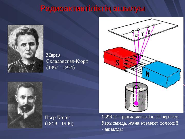 Радиоактивтіліктің ашылуыРадиоактивтіліктің ашылуы Пьер Кюри (1859 - 1906) Мария Складовская-Кюри (1867 - 1934) 1898 ж – радиоа