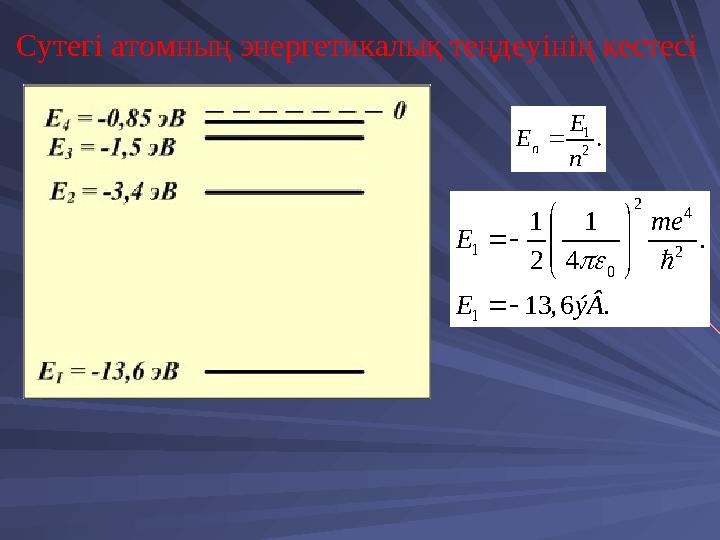 Сутегі атомның энергетикалық теңдеуінің кестесі 1 2 . n E E n  2 4 1 2 0 1 1 1 . 2 4 13,6 . me E E ýÂ         