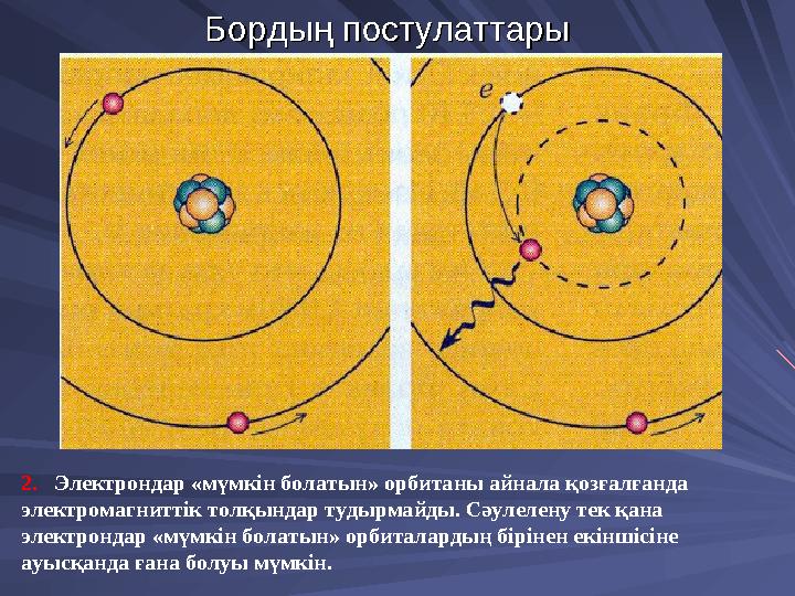 Бордың постулаттарыБордың постулаттары 2. Электрондар «мүмкін болатын» орбитаны айнала қозғалғанда электромагниттік толқындар