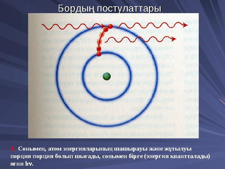 Бордың постулаттарыБордың постулаттары 3. Сонымен, атом энергияларының шашырауы және жұтылуы порция порция болып шығады, соныме