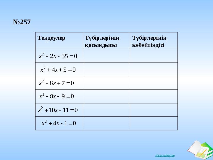 Ашық сабақтарТеңдеулер Түбірлерінің қосындысы Түбірлерінің көбейтіндісі0 35 2 2    х х 0 3 4 2    х х 0 7 8 2    х