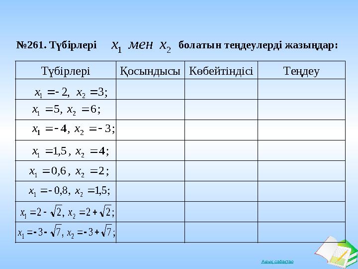 Ашық сабақтар№ 261. Т үбірлері болатын теңдеулерді жазыңдар: 2 1 х мен х ; 3 , 2 2 1 