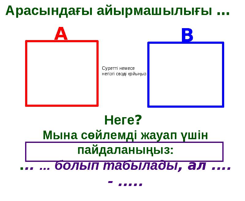 Арасындағы айырмашылығы … Неге? Мына сөйлемді жауап үшін пайдаланыңыз: ... ... болып табылады , ал .... - ..... A B Суретті
