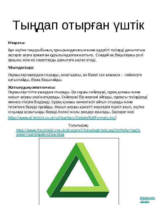 Тыңдап отырған үштік Толығырақ: http://www.ltscotland.org.uk/glossary/l/listeningtriads.asp?strReferringCh annel=learningaboutle