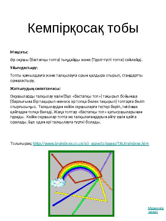 Кемпірқосақ тобы Толығырақ: http://www.brainboxx.co.uk/a3_aspects/pages/TALKrainbow.htm Мақсаты: Әр оқушы (бастапқы топта) т
