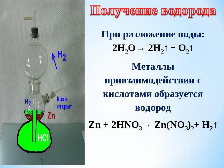 При разложение воды: 2Н 2О→ 2Н 2↑ + О 2↑ Металлы привзаимодействии с кислотами образуется водород Zn + 2HNO 3→ Zn(NO 3) 2+ Н