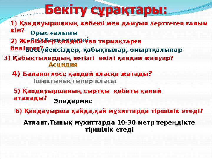 1) Қандауыршаның көбеюі мен дамуын зерттеген ғалым кім? Орыс ғалымы А.О.Ковалевский2) Желілілер қандай тип тармақтарға бөлінг
