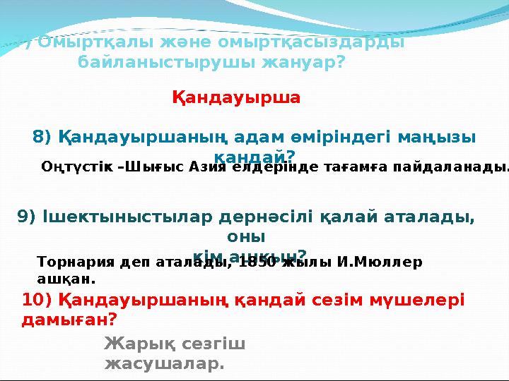 7) Омыртқалы және омыртқасыздарды байланыстырушы жануар? Қандауырша 8) Қандауыршаның адам өміріндегі маңызы қандай? Оңтүстік –