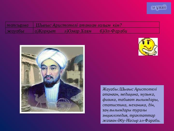 тапсырма Шығыс Аристотелі атанған ғалым кім? жауабы а)Қорқыт ә)Омар Хаям б)Әл-Фараби Жауабы:Шығыс Аристотелі атанғ