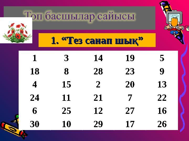 1 3 14 19 5 18 8 28 23 9 4 15 2 20 13 24 11 21 7 22 6 25 12 27 16 30 10 29 17 26 1. “Тез санап шық”1. “Тез санап шық”