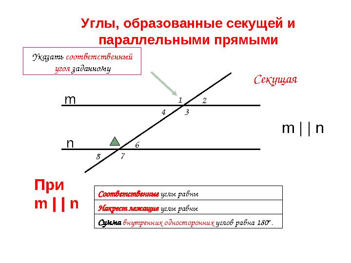 Секущая 12 3 8 7 4 6 Сумма внутренних односторонних углов равна 180 o . Соответственные углы равны Накрест лежащие углы равны У
