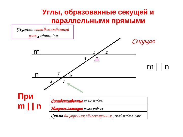 Секущая 12 5 8 7 4 6 Сумма внутренних односторонних углов равна 180 o . Соответственные углы равны Накрест лежащие углы равны У