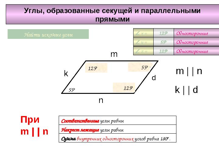 Углы, образованные секущей и параллельными прямыми x Найти искомые углы y 55 o z  x =  y =  z = 125 o Односторонние 125