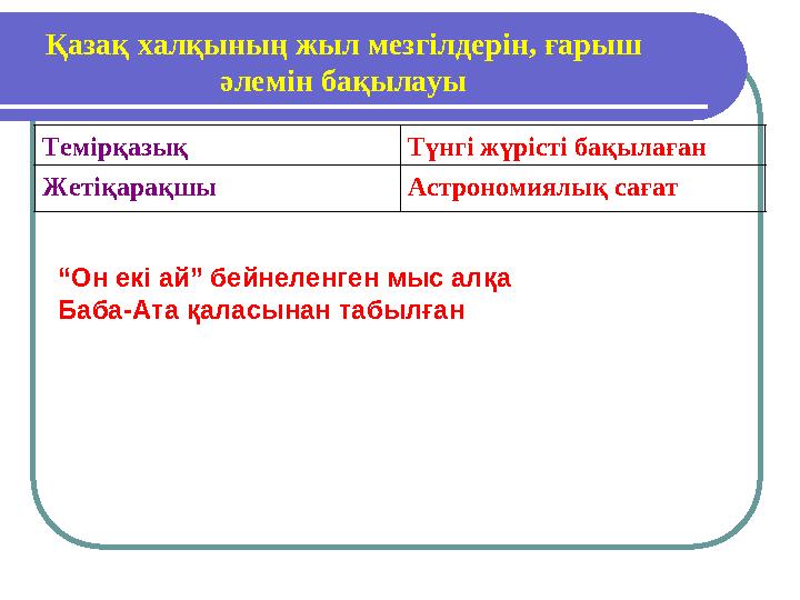 Қазақ халқының жыл мезгілдерін, ғарыш әлемін бақылауы Темірқазық Түнгі жүрісті бақылаған Жетіқарақшы Астрономиялық сағат “Он ек