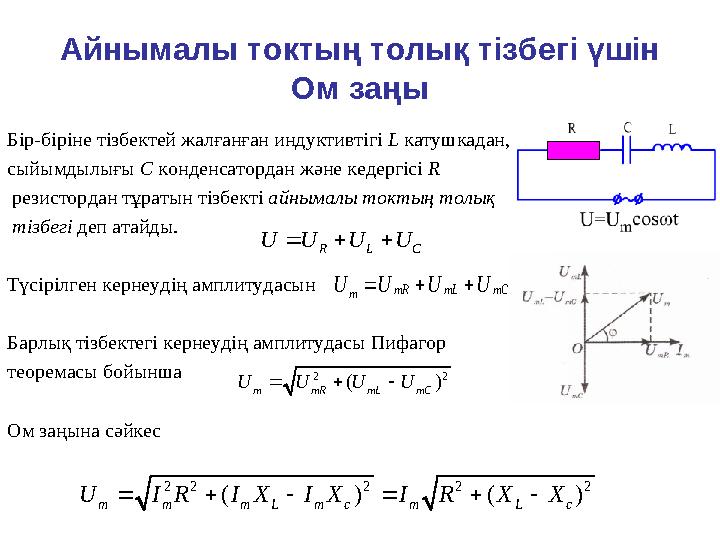 Айнымалы токтың толық тізбегі үшін Ом заңы Бір-біріне тізбектей жалғанған индуктивтігі L катушкадан, сыйымдылығы С конденсаторд