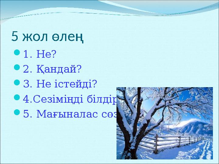 5 жол өлең 1. Не? 2. Қандай? 3. Не істейді? 4.Сезіміңді білдір 5. Мағыналас сөз