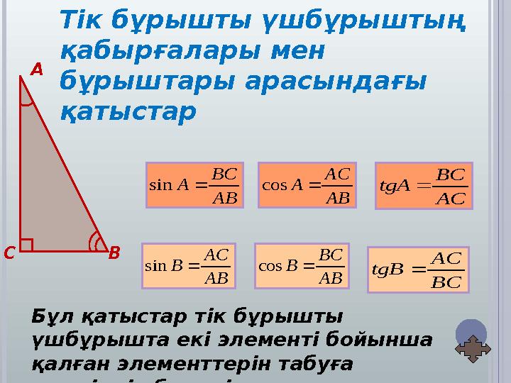 А С В AB AC Acos AC BC tgA AB BC Bcos BC AC tgB AB BC Asin AB AC Bsin Тік бұрышты үшбұрыштың қабырғалары мен бұрыштары